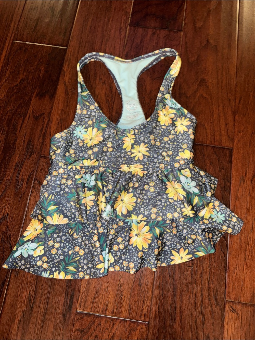 wonder nation Navy Floral Ruffle Tankini Top with Yellow Flowers